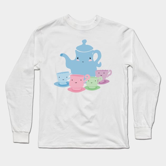 Pastel Mother Teapot and Children Teacups Illustration Long Sleeve T-Shirt by SubtleSplit